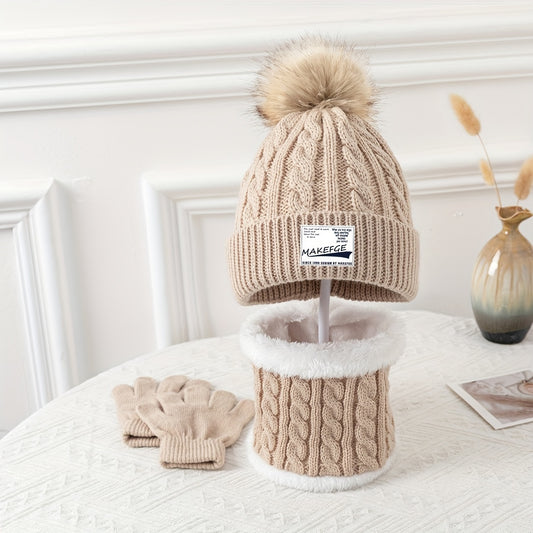 Աշնանային և ձմեռային տաք տրիկոտաժե գլխարկի, շարֆի և ձեռնոցների եռամաս հավաքածու տղաների և աղջիկների համար - ցրտից պաշտպանող հանդերձանք