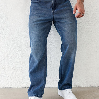 Men's Classic Straight-Leg Jeans - Casual Denim with Pockets, Machine Washable, All-Season Comfort