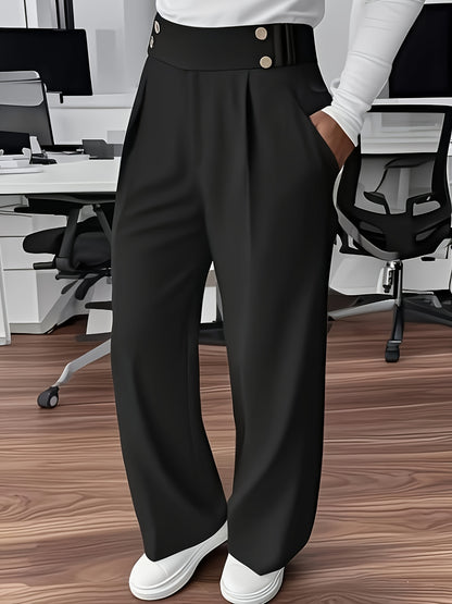 Women's Elegant Button-Waist Straight Leg Polyester Trousers