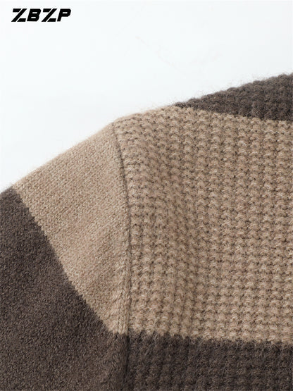 ZBZP Men'S Casual Striped Knit Sweater - Dark Gray & White Horizontal Stripes, Round Neck Long Sleeve, Regular Fit, Autumn Winter Warm Pullover for Casual Attire, Knit Sweater, Comfortable Fashion, Soft Texture, Cold Weather