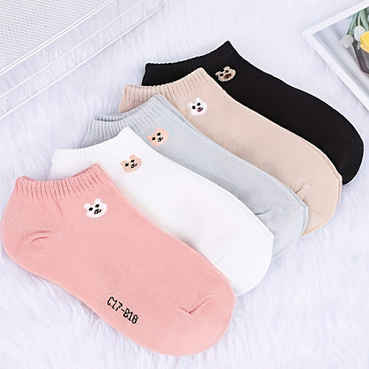 5 Pairs Women'S Cute Bear Animal Print Casual Breathable Sweat-Absorbent Low Cut Short Socks, 98% Polyester 2% Spandex, Knit Fabric, 290g/m² - Fashionable and Comfortable