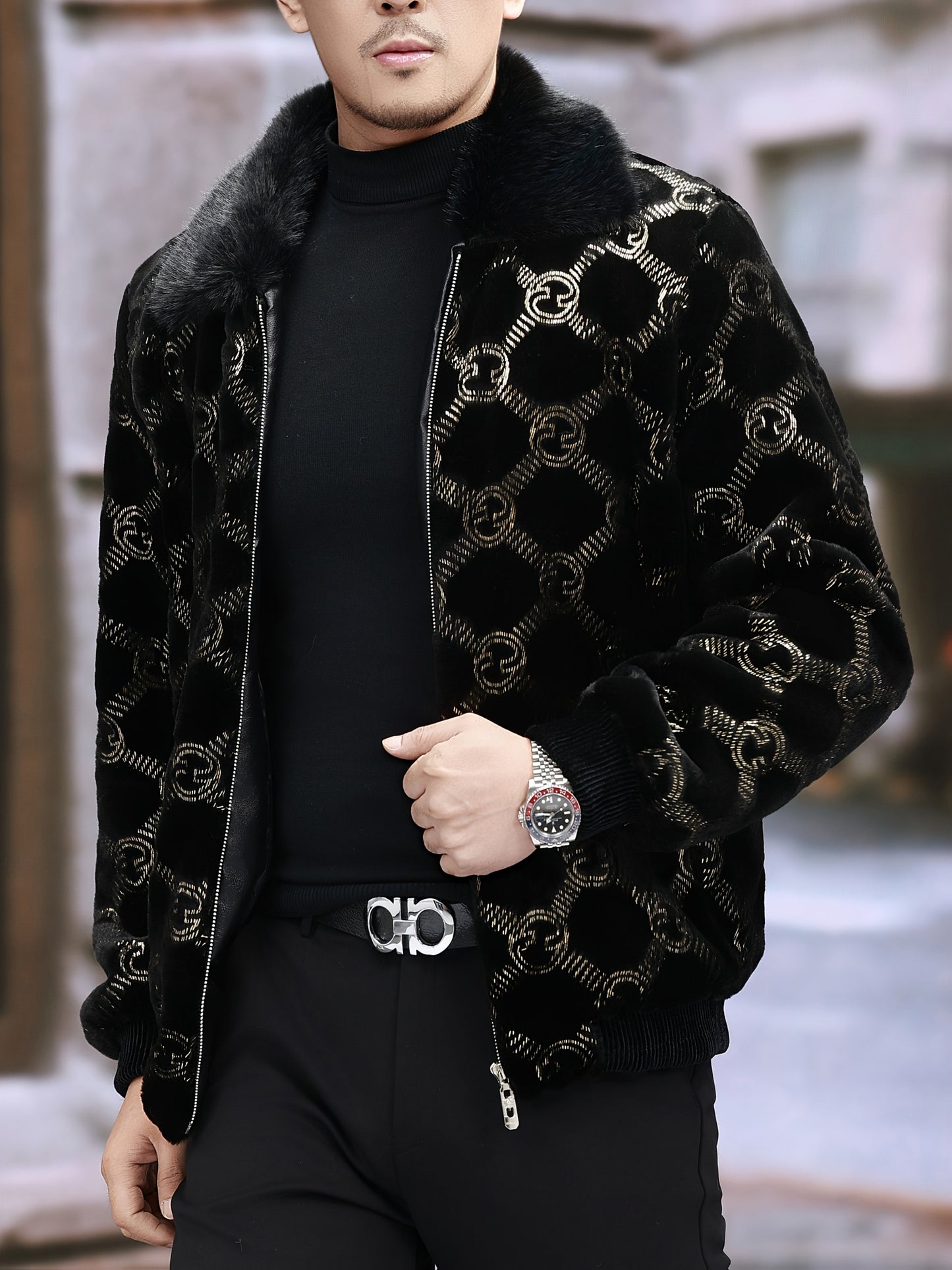 Տղամարդու ձմեռային արհեստական ​​մորթուց բաճկոն | Սև և ոսկեգույն հակադիր դիզայն | Ակնոցավոր օձիք | Կայծակաճարմանդով փակվող | Պոլիեսթերային աստառ | Նորաձև և ֆունկցիոնալ՝ պաշտոնական առիթների համար, ձմեռային վերնազգեստ | Հակադիր գույների բաճկոն | Ակնոցավոր օձիք