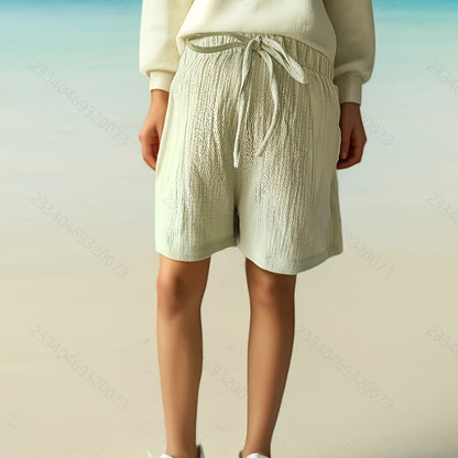 Women's Light Green Double-Layer Crinkle Shorts with Faux Drawstring - Casual, Versatile, and Elegant Design for Spring/Summer/Fall
