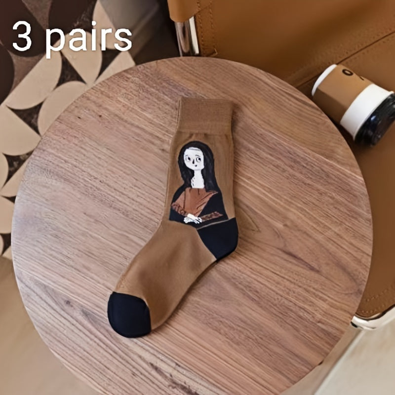1/3/6 Pairs of Autumn and Winter Warm Retro Oil Painting Style European and American Personality Color Versatile Women's Socks