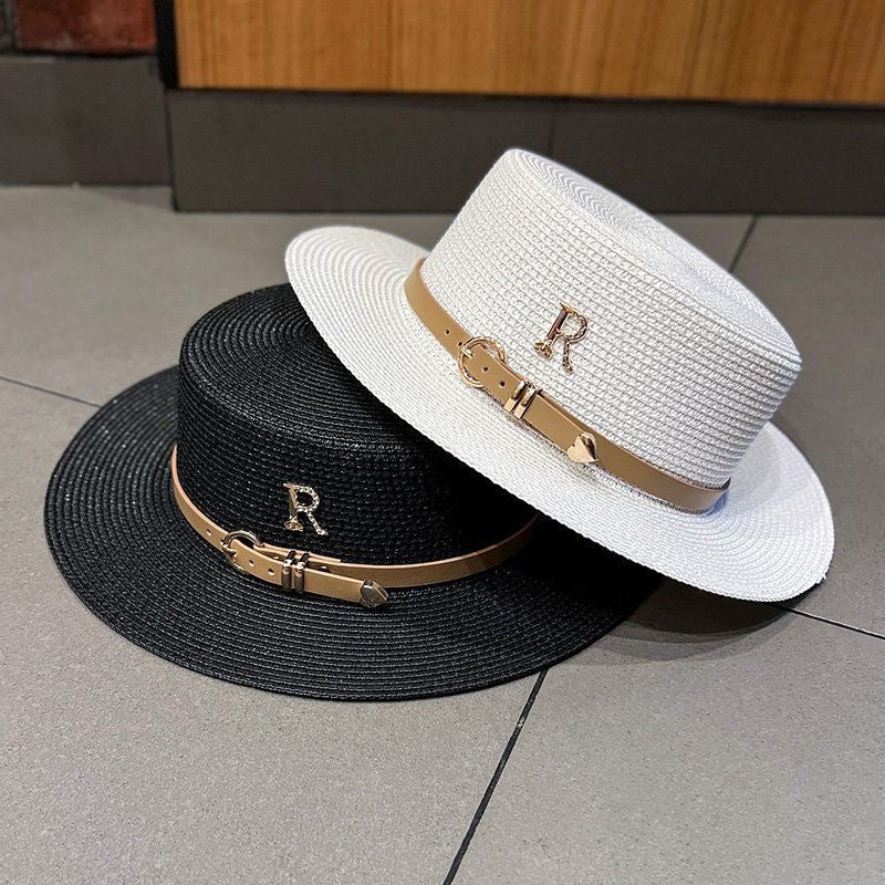 Women's Summer Straw Sun Hat with French Belt - Retro Beach Style
