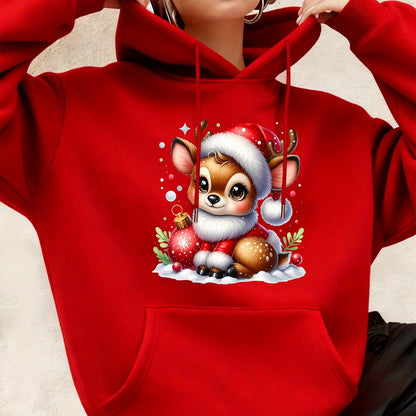 Women's Hooded Sweatshirt, Christmas Fashion Loose Elegant Long Sleeve Drawstring Hoodie, Atmospheric Print Red/Dark Green/Tender Pink/Violet Hooded Sweatshirt, Holiday Gift, Women's Clothing