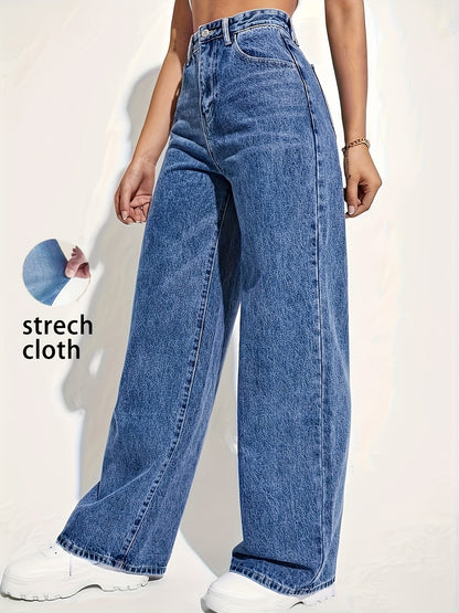Women's Fashion Stretch Denim Long Pants, Casual Straight Leg Jeans with Zipper Fly, Viscose 68.00%, Polyester 25.00%, All-Season Solid Color Woven Trousers for Weekend Casual