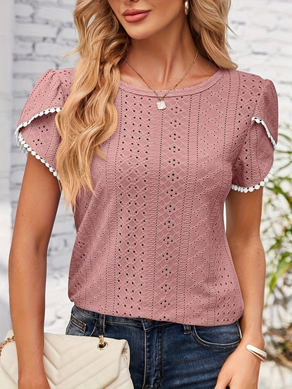 Women'S Elegant Blouse - Soft Pink Round Neck T-Shirt with Floral-like eyelet details, Breathable Loose Fit Top for Casual & Formal Outfits - Everyday Summer Shirt for Women, Ladies T Shirts, Versatile Clothing, Feminine Styl