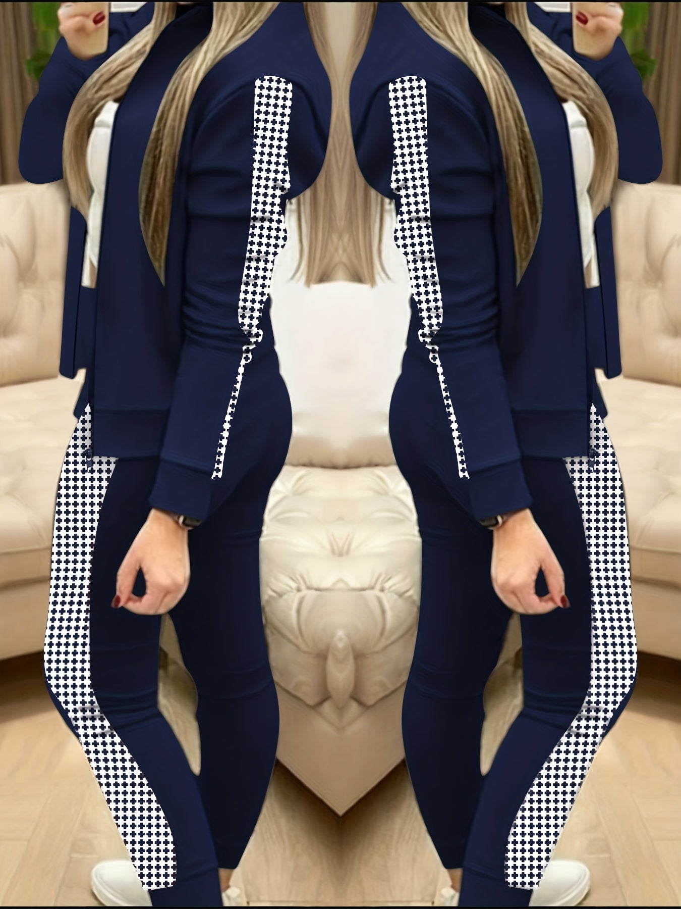 Two-Piece Outfit for Women Featuring a Geometric Design, Long-Sleeve Zip-Up Jacket, And Pants with Symmetrical Pockets - ayq