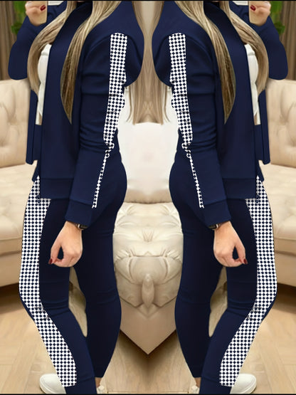 Two-Piece Outfit for Women Featuring a Geometric Design, Long-Sleeve Zip-Up Jacket, And Pants with Symmetrical Pockets - ayq