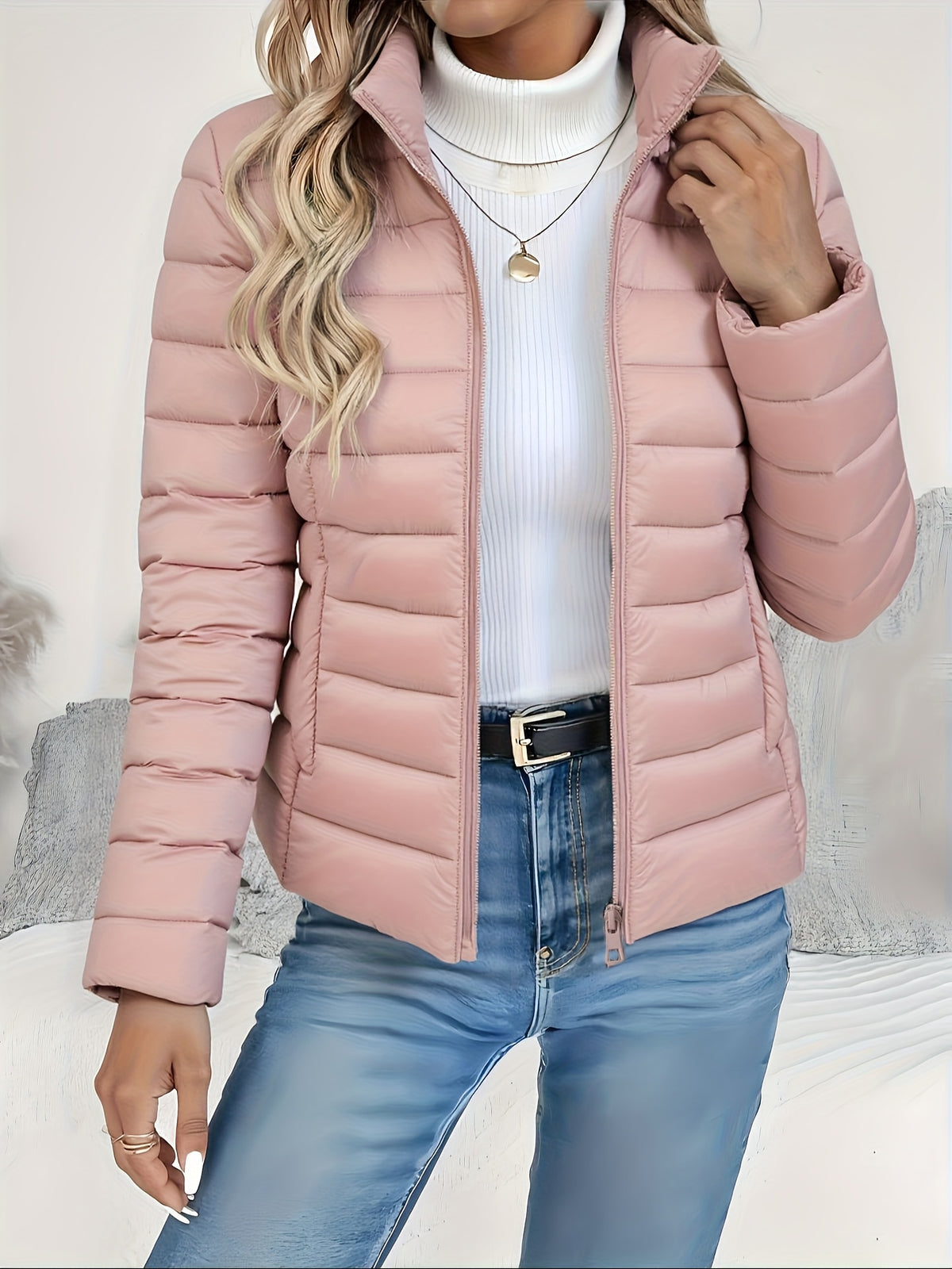 Women's Slim-Fit Quilted Polyester Jacket with High Neck