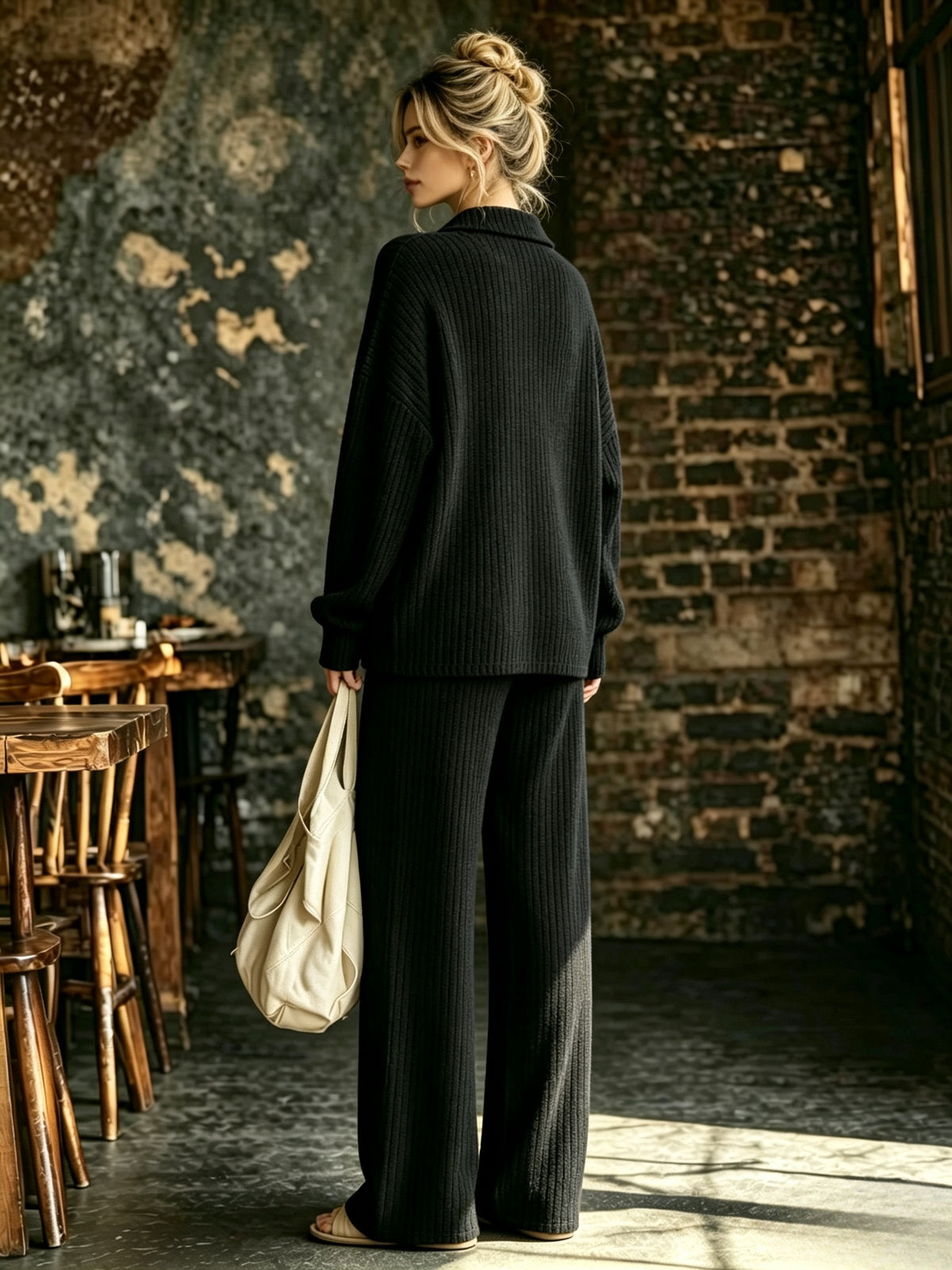Women's Solid Color V-Neck Long Sleeve Top & Pants Set