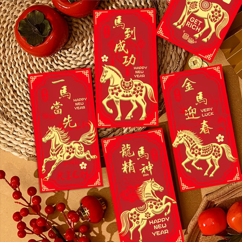6 Golden Horse Year of the Horse Red Envelopes - Traditional Chinese New Year Gift Bags with Golden Horses, Money for Spring Festival, Paper Currency For Chinese New Year, Graduation, Thanksgiving, New Year