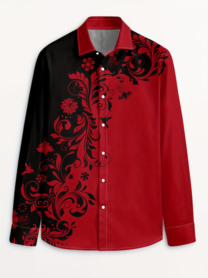 Men'S Casual Floral Print Dress Shirt - Black & White Swirl Design, Button-Up Collar, Long Sleeve, Regular Fit for Spring/Fall, Versatile for Casual & Formal Wear, Spring Fashion, Nonelastic Fabric, Elegant Shirt For Men, Lon