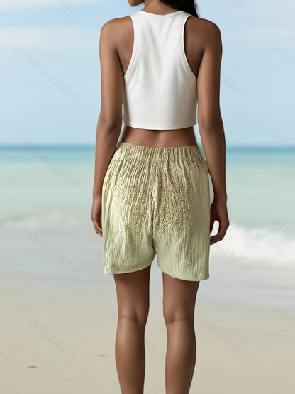 Women's Light Green Double-Layer Crinkle Shorts with Faux Drawstring - Casual, Versatile, and Elegant Design for Spring/Summer/Fall