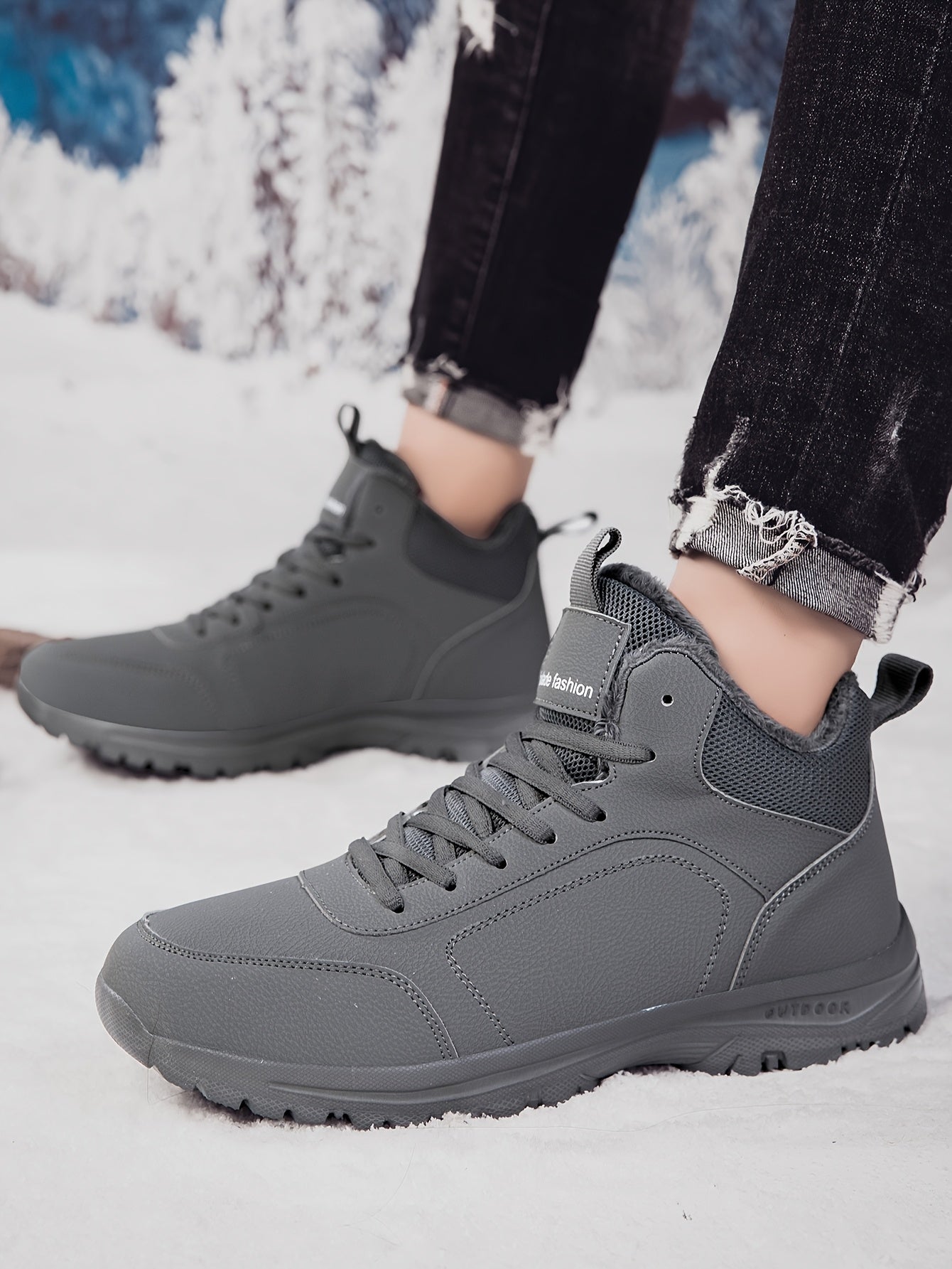 Տղամարդկանց միջին բարձրության ձմեռային ձնագնացքներ - Թեթև, չսահող, տաք փափուկ երեսպատում, դիմացկուն MD ներբան, սև աշխատանքային և փողոցային ոճ արտաքին սպորտի, արշավների և ամենօրյա հանգստի համար, ձմեռային կոշիկներ, արշավային կոշիկներ, նրբագեղ դիզայն, ճկուն