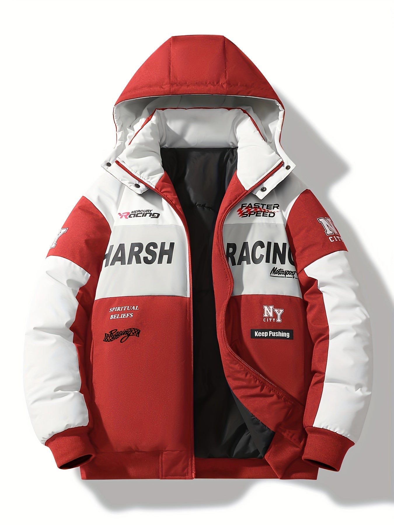 Men'S Casual Motorcycle Jacket, Warm Pilot Fashion Top 6023, 100% Polyester Hooded Collar with Alphabet Pattern, Long Sleeve Regular Fit, Non-Stretch Woven Fabric, Zipper Placket, with Pockets - 280gsm