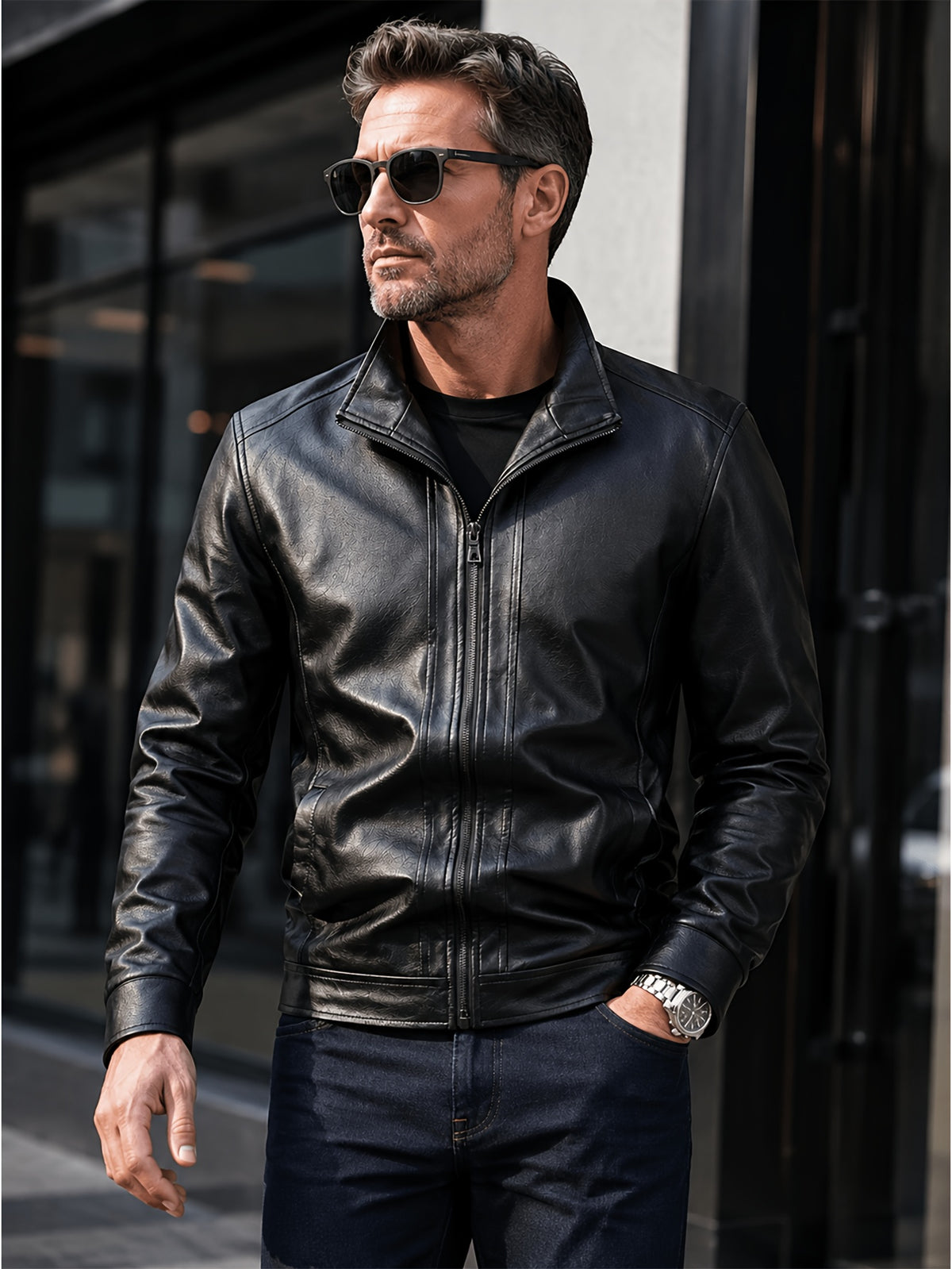 Men's Slim Fit PU Leather Stand Collar Jacket for Spring and Autumn