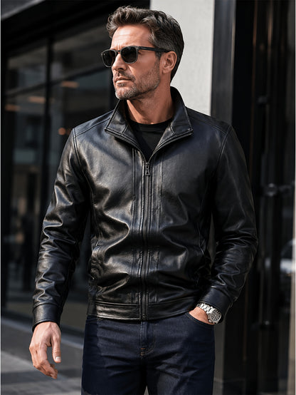 Men's Slim Fit PU Leather Stand Collar Jacket for Spring and Autumn
