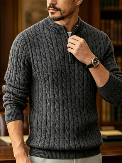 Men's Spring/Fall Half-Zip Stand Collar Cable Knit Sweater