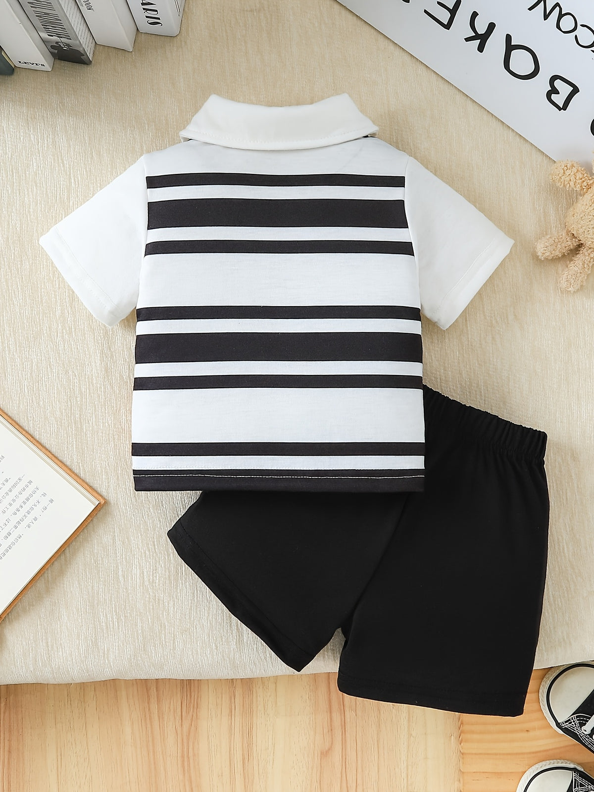 Casual Boys' Striped Collar Shirt & Shorts Set for Spring/Fall - ayq