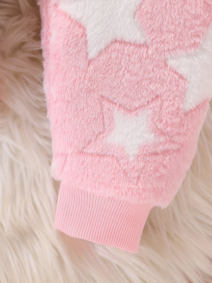 Newborn Cute Baby Girl Autumn and Winter Season, Thickened Plush Newborn Cartoon Star Pattern Hooded Zipper Long Sleeve Warm Top + Star Pattern Plush Warm Pants Set. Essential for Outdoor Travel and Home Use, Recommended Gift