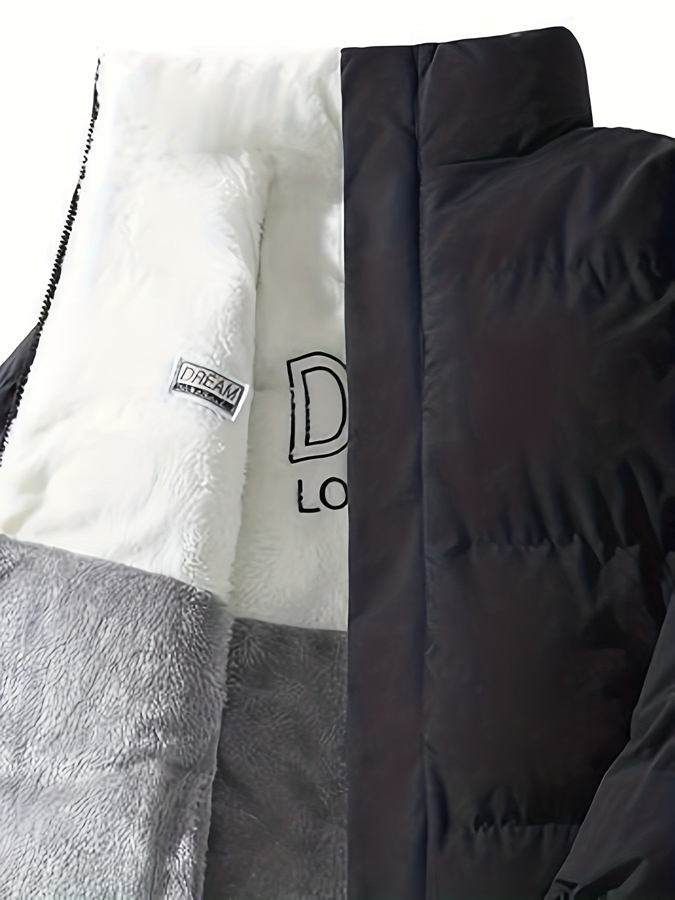 Տղամարդու երկկողմանի բրդյա ծածկույթով հաստ բաճկոն՝ առօրյա կանգնած օձիքով՝ տառերի տպագրությամբ, սովորական չափսերով, գրպաններով, պոլիեսթերային լցոնով, բազմակողմանի աշուն/ձմեռ համար, ձմեռային բաճկոն