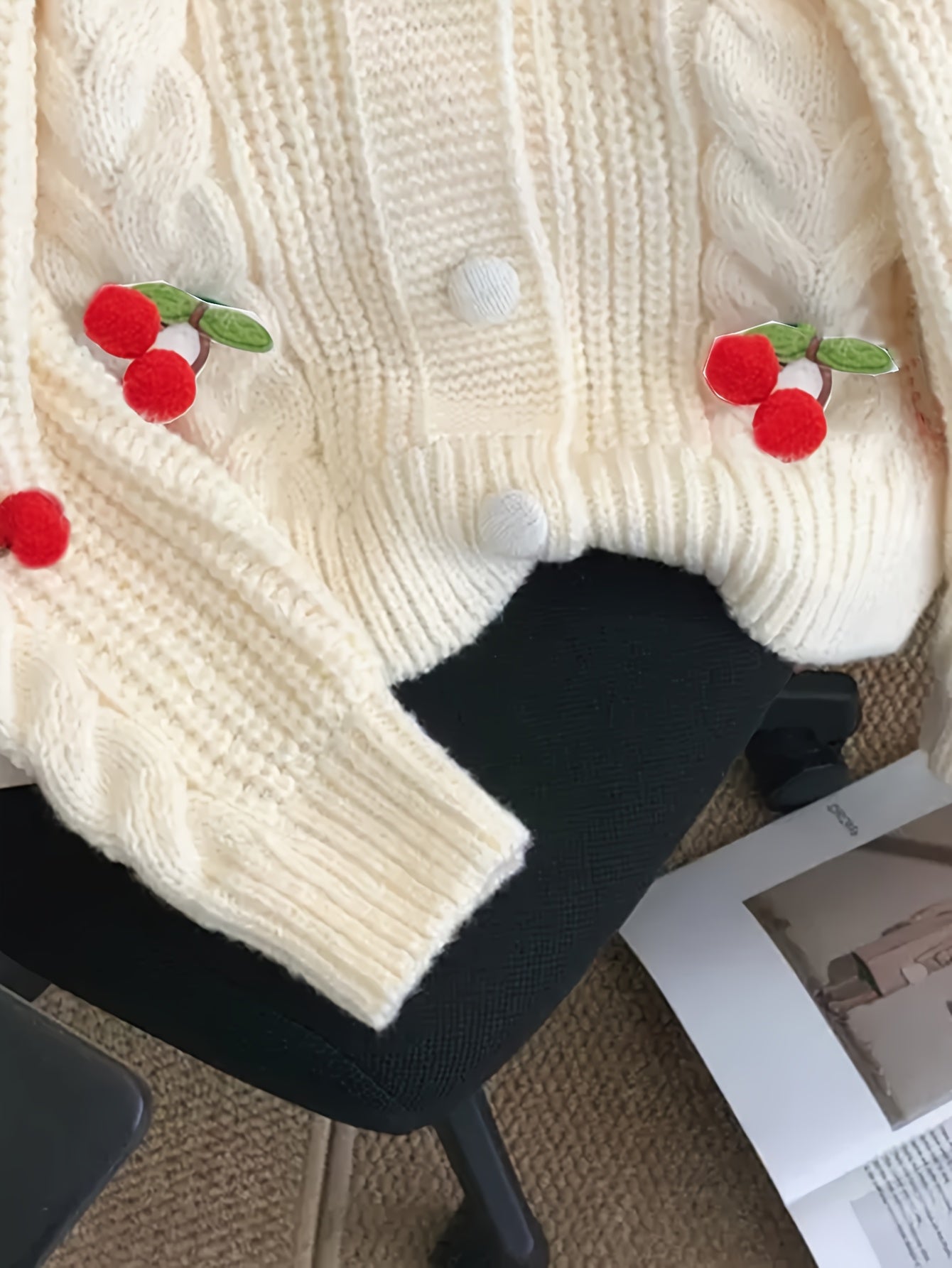 Women'S Purple Cable Cardigan with Cherry & Leaf Embellishments - Cozy Button-Up Sweater for Fall & Winter, Soft & Stylish Design, Perfect for Casual or Holiday Outfits, Winter Cardigan | Cable Cardigan | Buttoned Closure, Sw