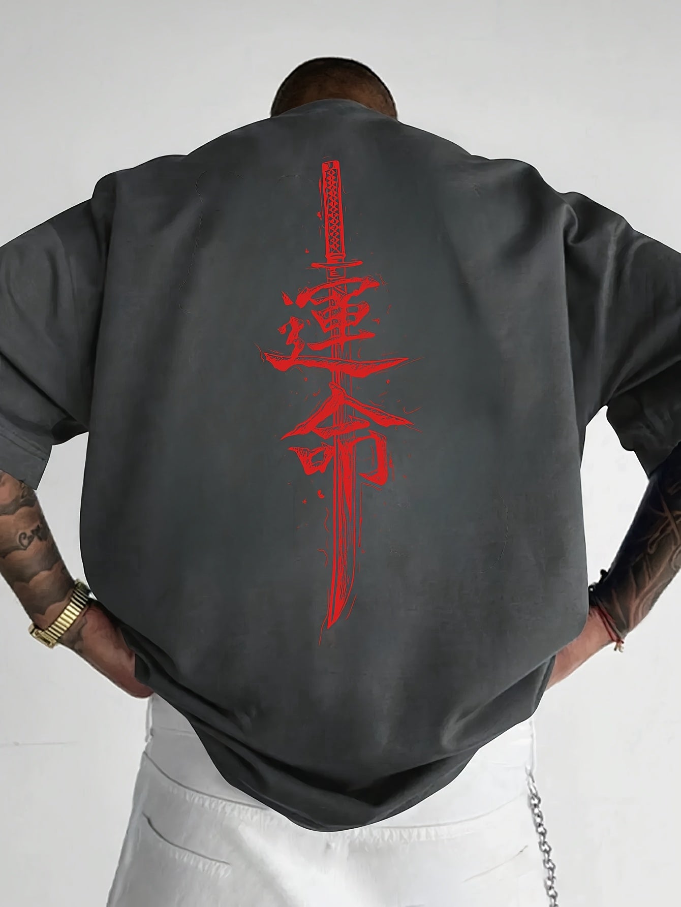 Men'S Japanese Samurai Sword Graphic T-Shirt - Casual Loose Fit Crew Neck, Short Sleeve Tee with Red Stylized Japanese Katanas Design, Breathable Polyester for Spring  Summer Outdoor Wear