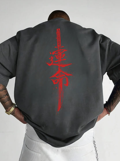 Men'S Japanese Samurai Sword Graphic T-Shirt - Casual Loose Fit Crew Neck, Short Sleeve Tee with Red Stylized Japanese Katanas Design, Breathable Polyester for Spring  Summer Outdoor Wear