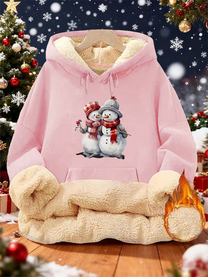 Women'S Winter Warmth Hooded Sweatshirt with Cute Snowman & Snowflake Print - Thick Fleece-Lined Long Sleeve Pullover, Cozy Casual Winter Sweater for Fall & Winter, Winter Sweatshirts, Seasonal Clothing, Playful Design, Soft