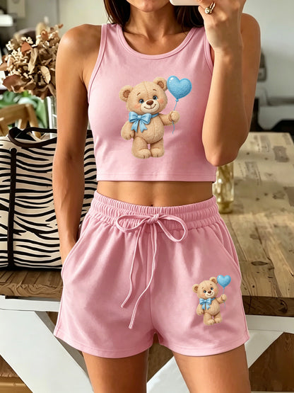 Casual Women's Two-Piece Vest and Shorts Set with Pattern Print