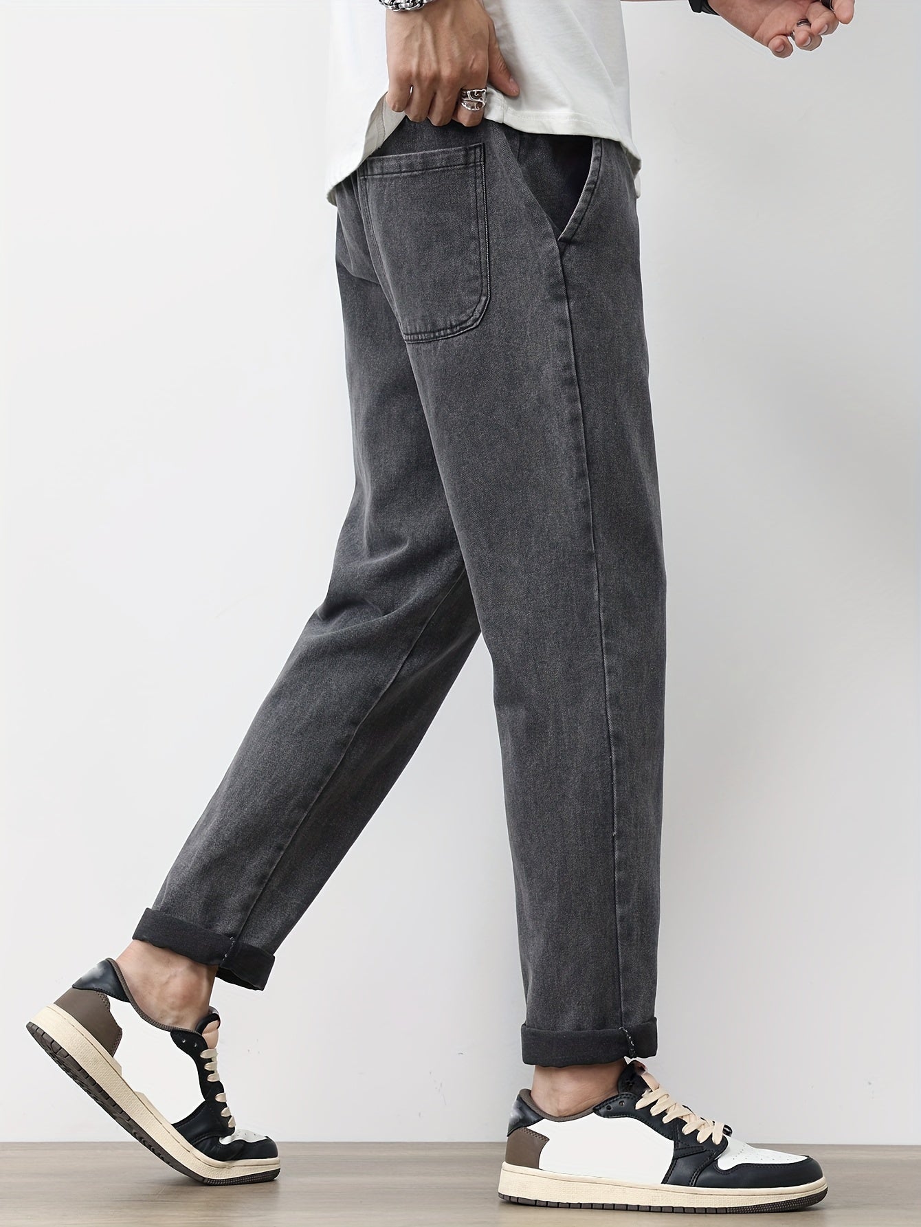 Men's Solid Washed Denim Trousers With Pockets, Causal Drawstring Cotton Blend Barrel Jeans For Outdoor Activities