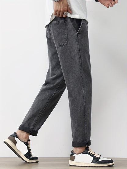 Men's Solid Washed Denim Trousers With Pockets, Causal Drawstring Cotton Blend Barrel Jeans For Outdoor Activities