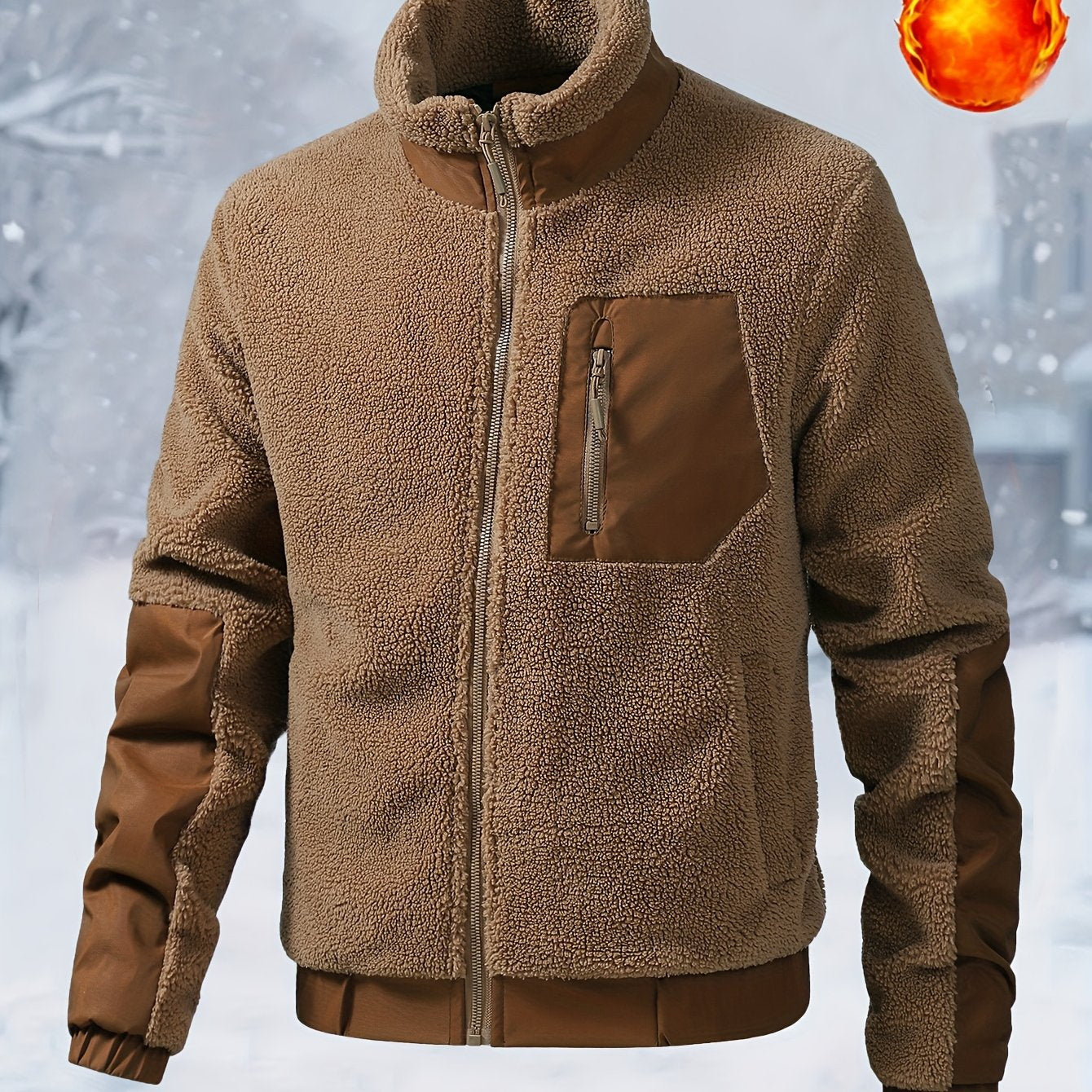 Men'S Heavyweight Fleece Jacket - Thermal Winter Coat with Stand Collar, Zipper Closure, Front Pockets - Brown/ - Cold Weather Outerwear for Everyday & Formal, Winter Jacket, Casual Outerwear, Durable Polyester, Seasonal Fash