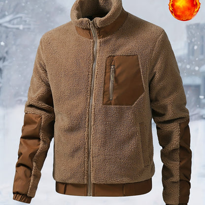 Men'S Heavyweight Fleece Jacket - Thermal Winter Coat with Stand Collar, Zipper Closure, Front Pockets - Brown/ - Cold Weather Outerwear for Everyday & Formal, Winter Jacket, Casual Outerwear, Durable Polyester, Seasonal Fash