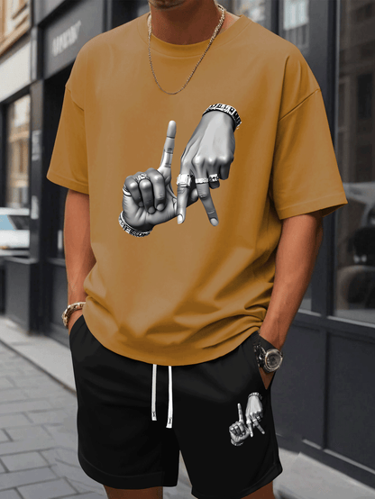 New Summer Men's Printed 2pcs Fashion Casual Suit, Round Neck Short Sleeve T-shirt and Waistband Shorts Set