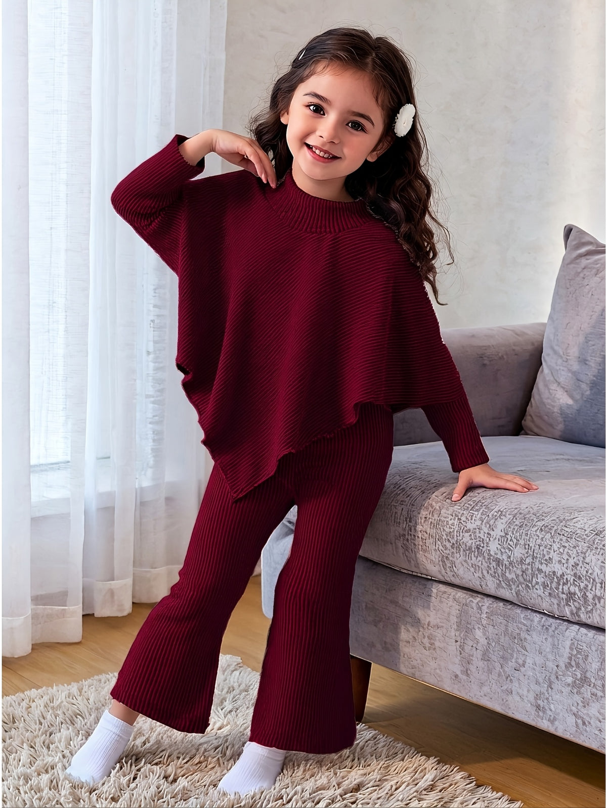 Girls' Fall/Winter Ribbed Pullover & Flared Pants Set - ayq