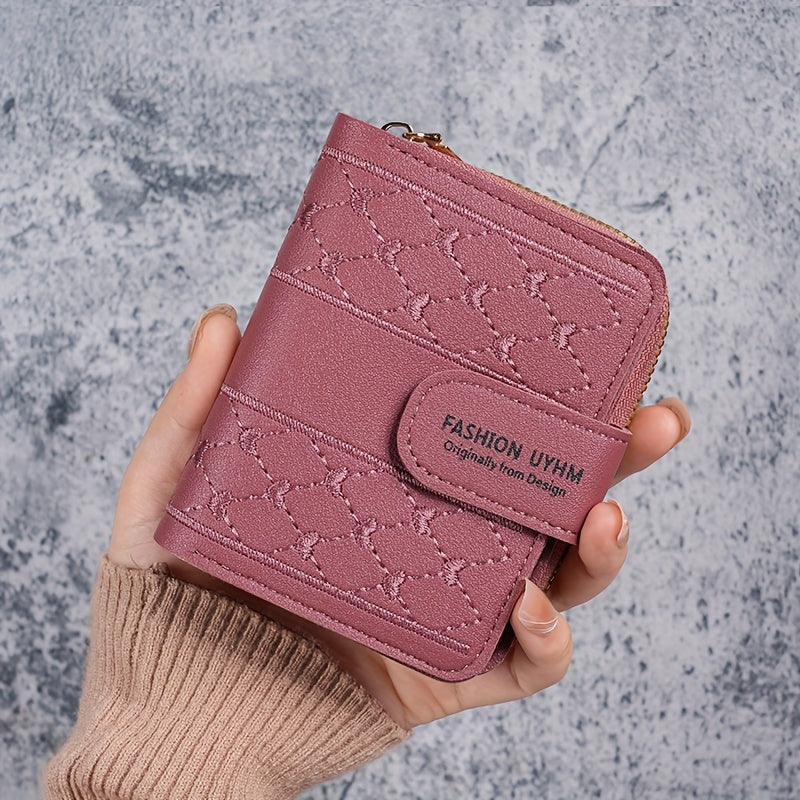 2024 New Style Zippered Foldable Short Wallet, Korean Fashion Embroidered Large Capacity Women'S Clutch Card Holder.