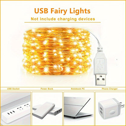 1pc, LED USB Fairy Lights, USB Powered Copper Wire Garland String Lights for Home Wall Room Holiday Party Wedding Festival Indoor Bedroom Table Ramadan Halloween Christmas Decoration, Best for Christmas