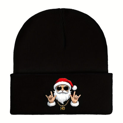Men's Retro Santa Claus Print Beanie Hat - Red & White Christmas Knit Cap with Iconic Santa Face, Golden Ho Ho Ho Logo-like Charm, Stretchy Warm Winter Cap for Holiday Parties, New Year's & Casual Wear (Hand Washable)