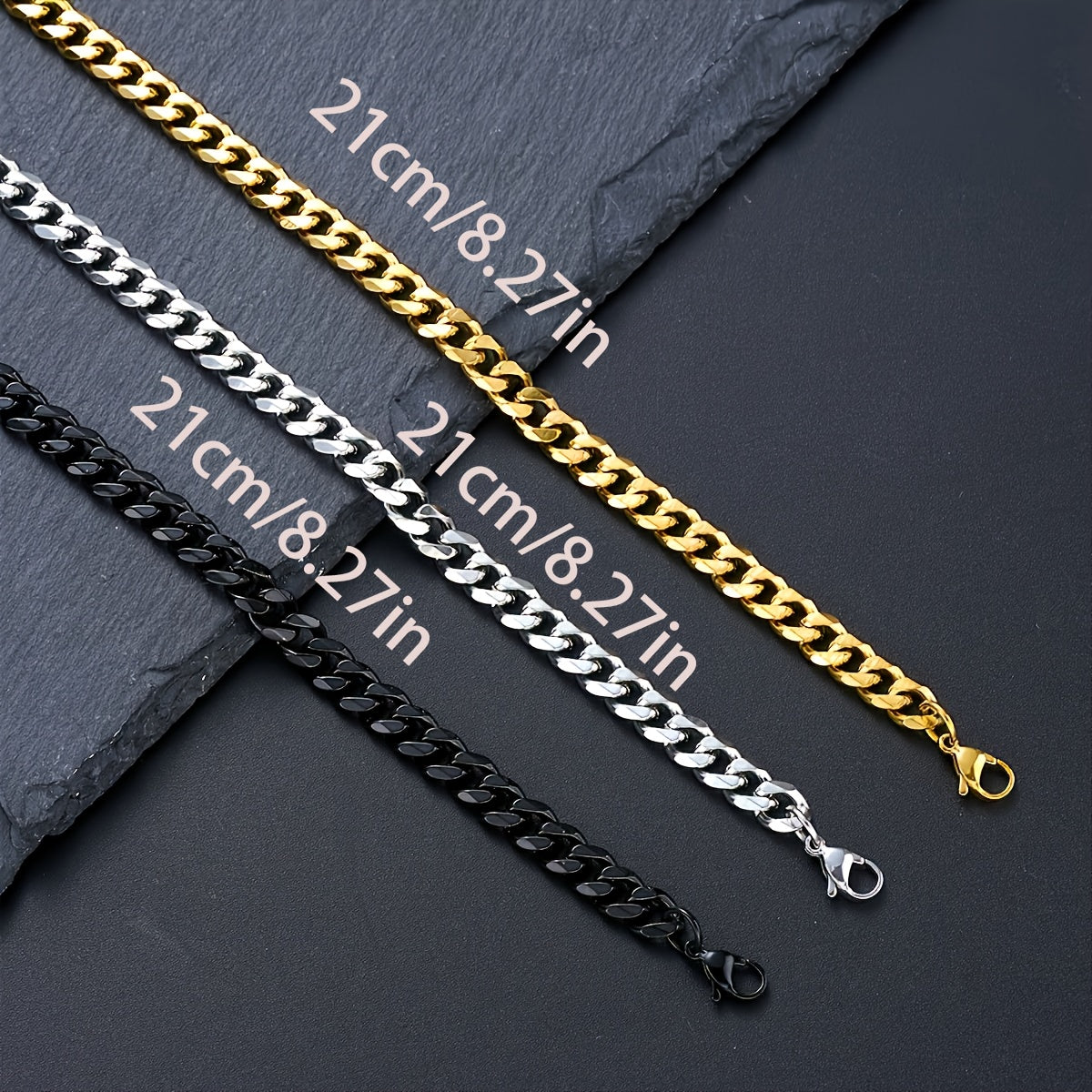 3pcs Set of Minimalist Hollow Titanium Stainless Steel Cuban Bracelets, Golden, Silvery, and Black Combo, Unisex, Perfect for Christmas, Valentine's Day, New Year, Ideal Gift for Boyfriend, Father, and Son