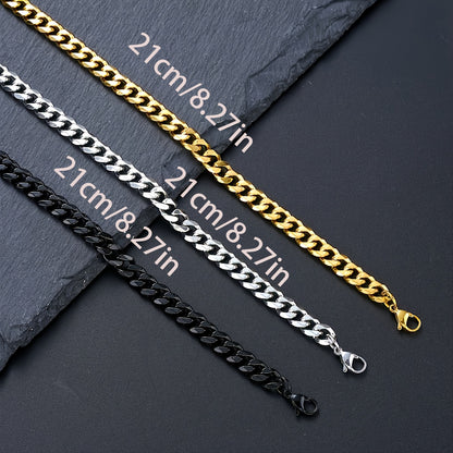 3pcs Set of Minimalist Hollow Titanium Stainless Steel Cuban Bracelets, Golden, Silvery, and Black Combo, Unisex, Perfect for Christmas, Valentine's Day, New Year, Ideal Gift for Boyfriend, Father, and Son