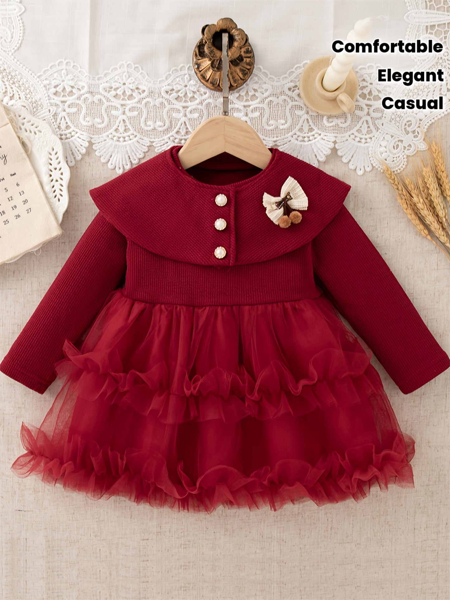ZOSEYIES Girls' Elegant Red Princess Party Dress with Ruffled Hem & Puff Sleeves - Long Sleeve Winter Formal Outfit, A-Line Skirt with Ruffled Trim, Soft Non-Stretch Fabric for Christmas, New Year's, Birthday & Casual Attire