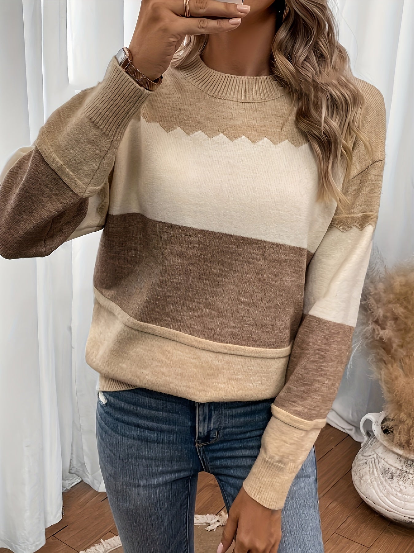 [Durable Build] Women's Elegant Color Block Knit Sweater - Striped Polyester Pullover with Round Neckline, Long Sleeves, Non-Transparent, All-Season Wear, Allseason Sweater | Elegant Knitwear | Polyester Fiber