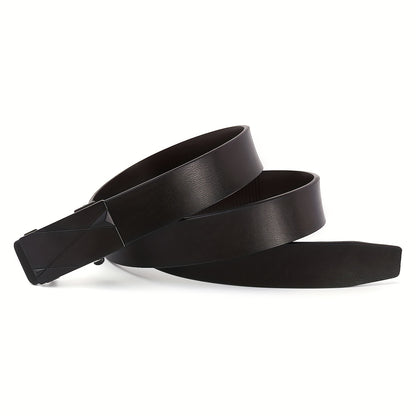 Men's Luxury Automatic Buckle Faux Leather Belt - Sleek Black with Golden Geometric Buckle, Business Casual Style, Adjustable Fit for Comfort, Business Casual Accessory | Sophisticated Belt Design | Sleek Black Finish