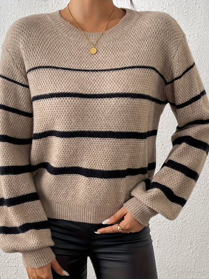 Elegant Crew Neck Stripes Color Block տրիկոտաժե գործվածքից կարճաթև կլոր պարանոցի սվիտեր, Նոր ժամանում, կանանց համար, գարուն/աշուն