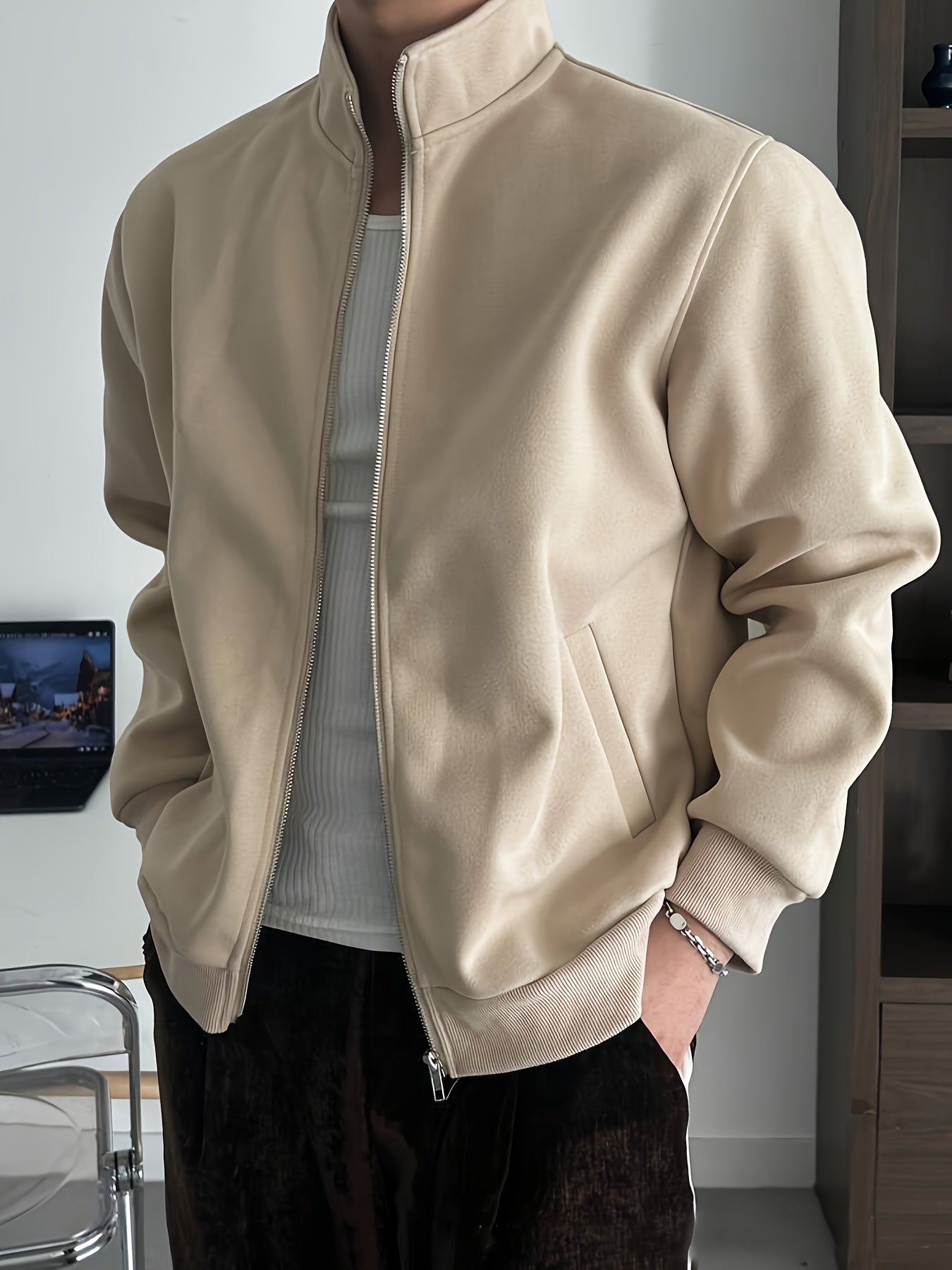 Men's Beige Jacket - Lightweight Warm Coat with Zippered Pockets, Beige Casual Outerwear for Everyday & Formal Events, Spring/Fall Layering Essential - Ideal Gift for Him, Seasonal Fashion, Sleek Silhouette, Comfortable Fit,