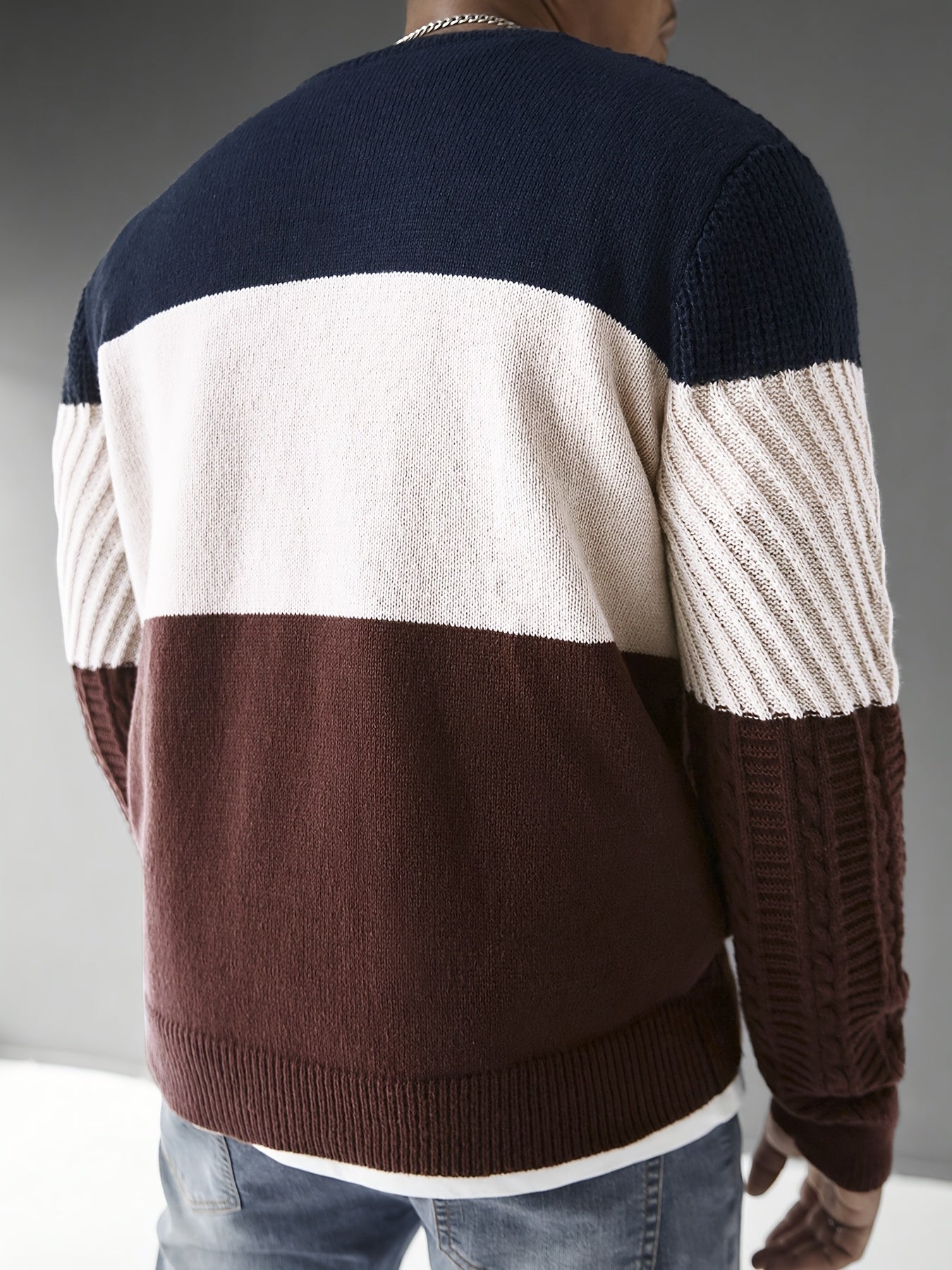 Men's Fashion Color-Block Striped Crew Neck Long Sleeve Casual Pullover, Trendy Elastic Warm Knitwear for Winter Outdoor Activities
