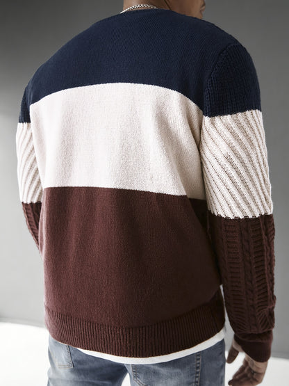 Men's Fashion Color-Block Striped Crew Neck Long Sleeve Casual Pullover, Trendy Elastic Warm Knitwear for Winter Outdoor Activities